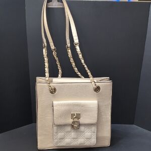 Anne Klein Gold Toned/Cream Quilted Chain Shoulder Bag.